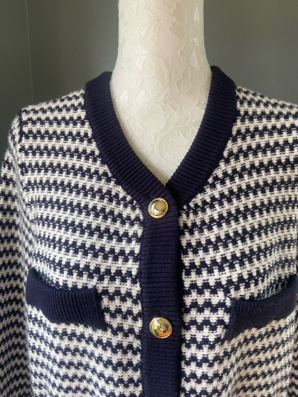 Free Assembly Navy & White Knit Button-Front Cardigan Sweater - Picture 2 of 6